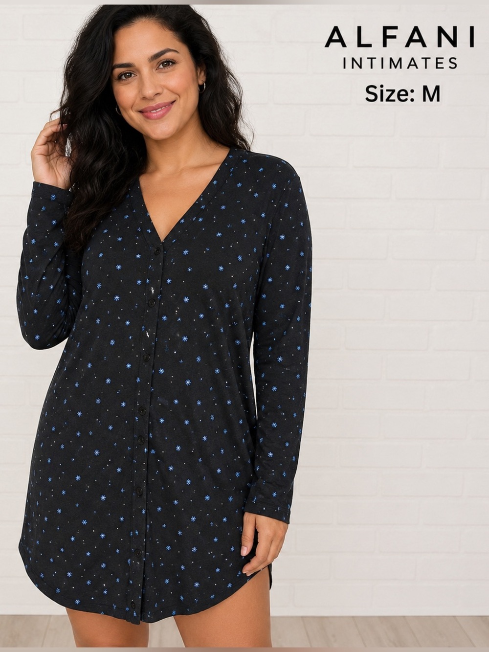Alfani Intimates Women’s Size M Black Blue Floral Button Front Sleep Shirt Night